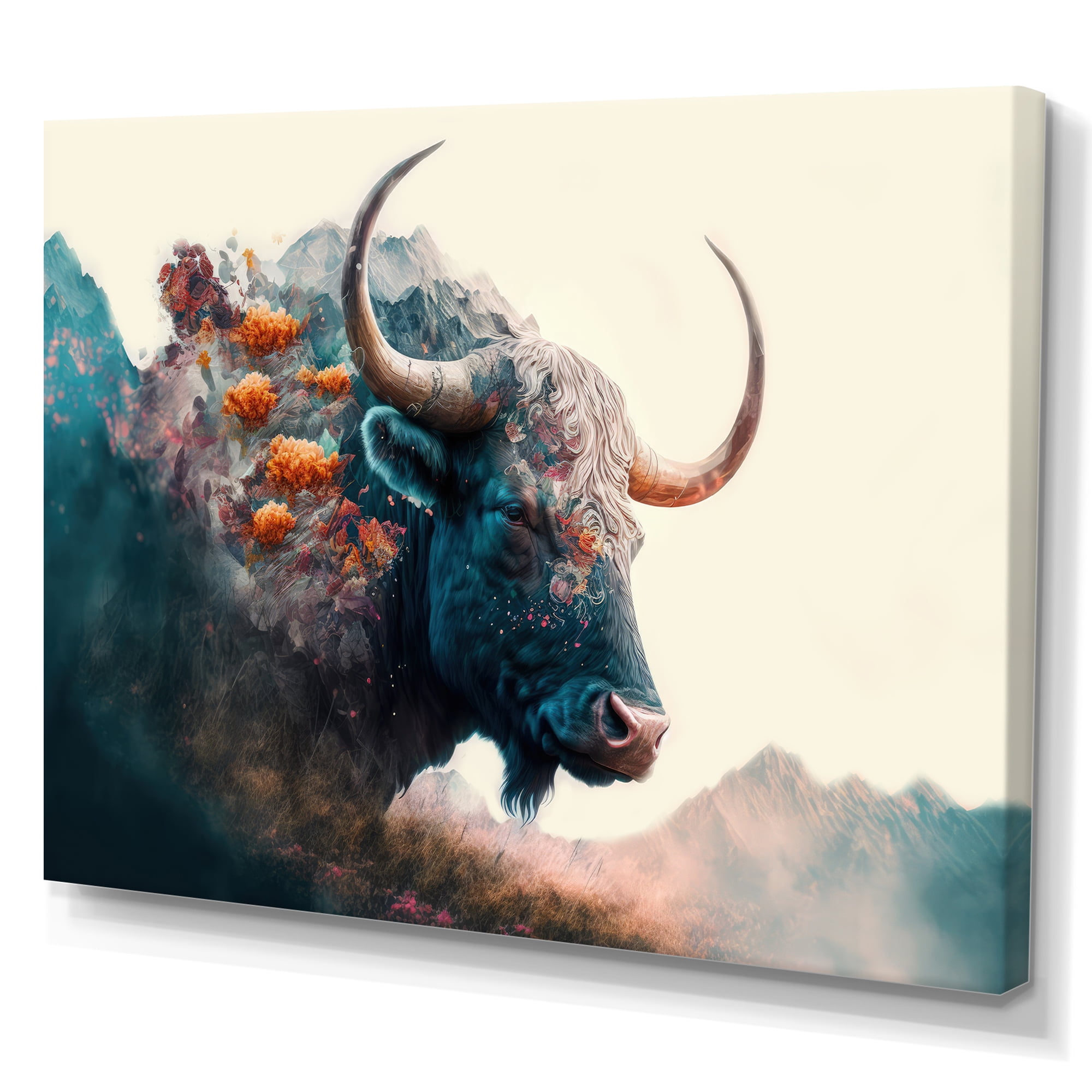 Designart Double Exposure Of A Taurus With Nature Landscape II Canvas Wall Art