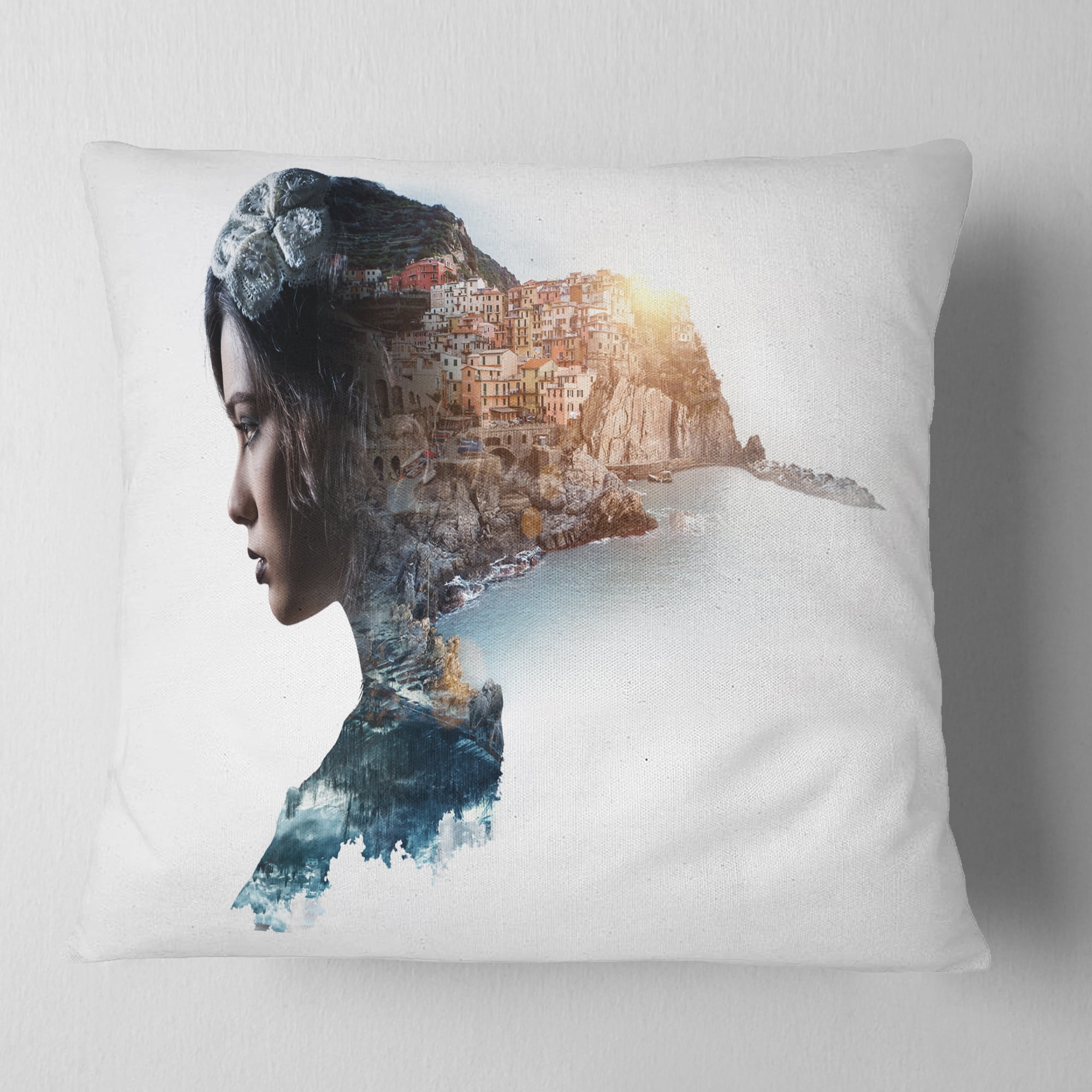 Designart Double Exposure Woman Portrait - Portrait Throw Pillow - 18x18