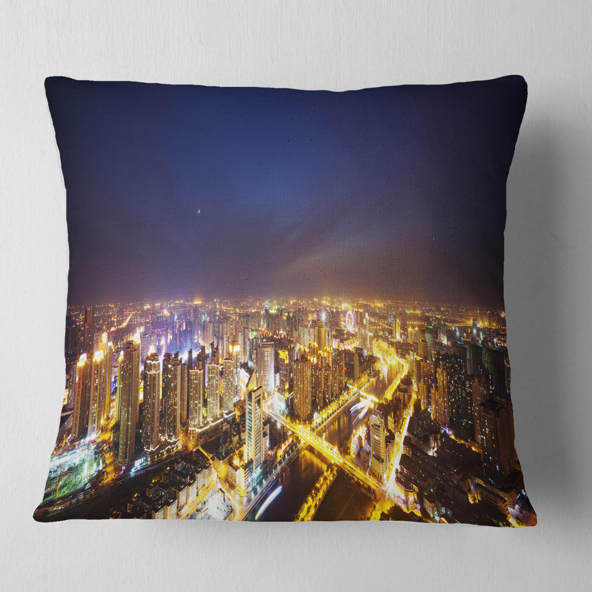 Designart Downtown Nighttime Panorama - Cityscape Throw Pillow - 18x18
