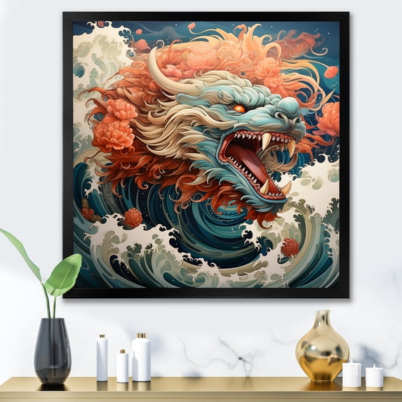Designart "Dragon on the Wave Off Kanagawa III" Abstract Framed Wall Art Decor - Modern Orange Dragons Entryway Framed Wall Art Print
