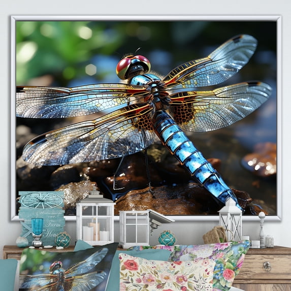 Designart "Dragonfly Dance in Blue Hues I" Animals Framed Wall Art - Modern Farmhouse Blue Dragonfly Bedroom Framed Canvas Wall Art