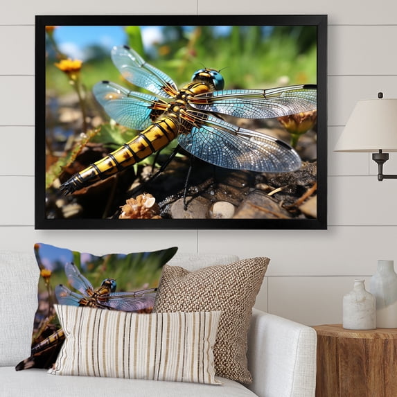 Designart "Dragonfly Dance in Blue Hues III" Animals Framed Wall Art Decor - Modern Farmhouse Blue Dragonfly Entryway Framed Wall Art Print