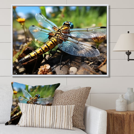 Designart "Dragonfly Dance in Blue Hues III" Animals Framed Wall Art - Modern Farmhouse Blue Dragonfly Entryway Framed Wall Art