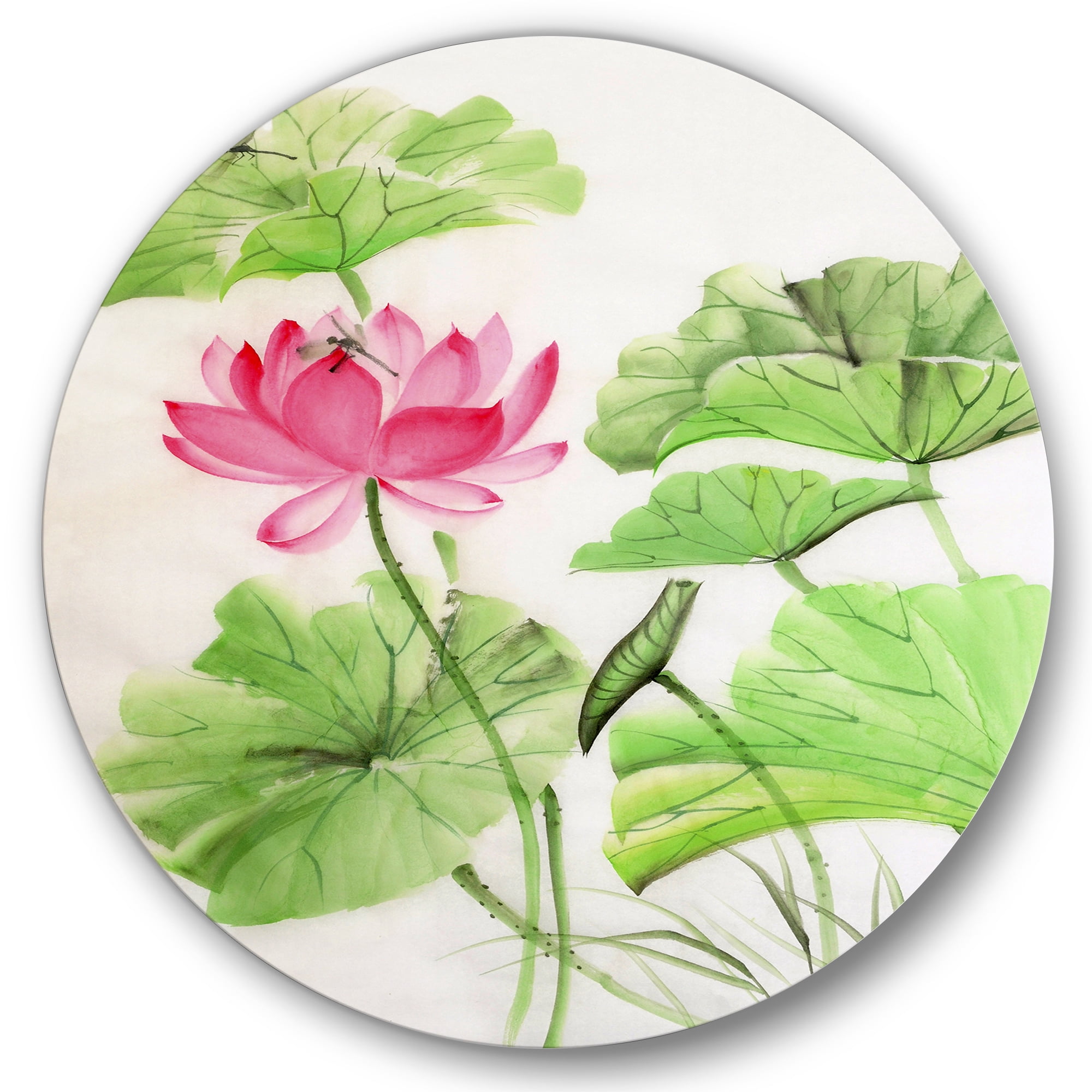 Designart 'Dragonfly and Lotus' Traditional Circle Metal Wall Art 23x23 - Disc of 23