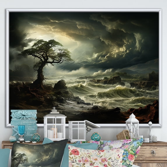 Designart "Drama in the Windswept Green Storm II" Nautical & Beach Floater Framed Wall Art Print