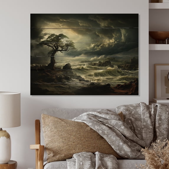Designart "Drama in the Windswept Green Storm II" Nautical & Beach Print on Natural Pine Wood