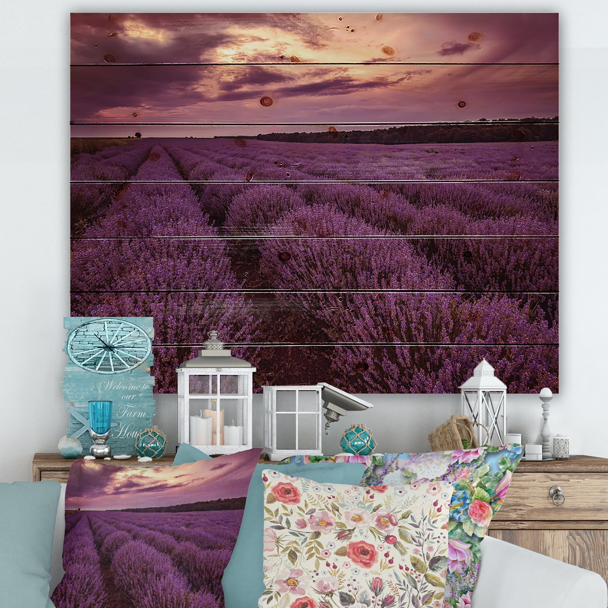 Designart 'Dramatic Clouds and Sunrise Over Lavender Field III' Farmhouse Print on Natural Pine Wood