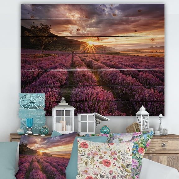 Designart 'Dramatic Clouds and Sunrise Over Lavender Field IV' Farmhouse Print on Natural Pine Wood