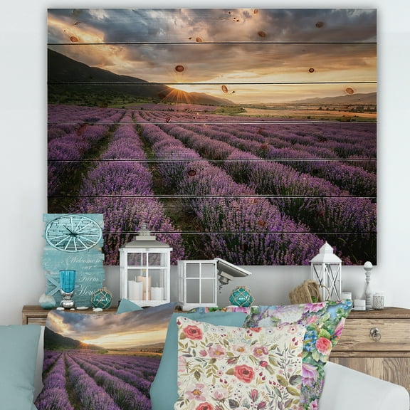 Designart 'Dramatic Clouds and Sunrise Over Lavender Field VI' Farmhouse Print on Natural Pine Wood