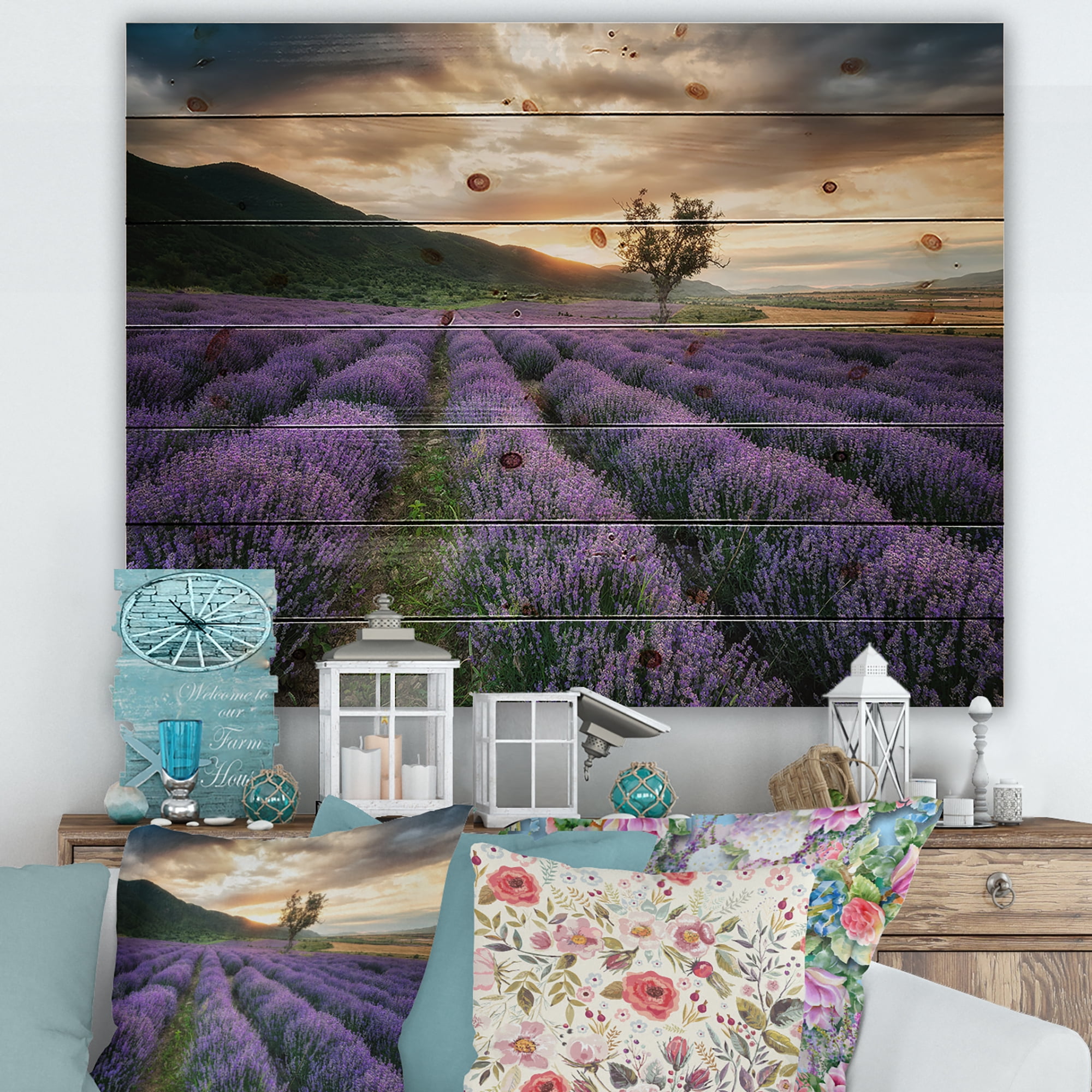 Designart 'Dramatic Clouds and Sunrise Over Lavender Field VII' Farmhouse Print on Natural Pine Wood