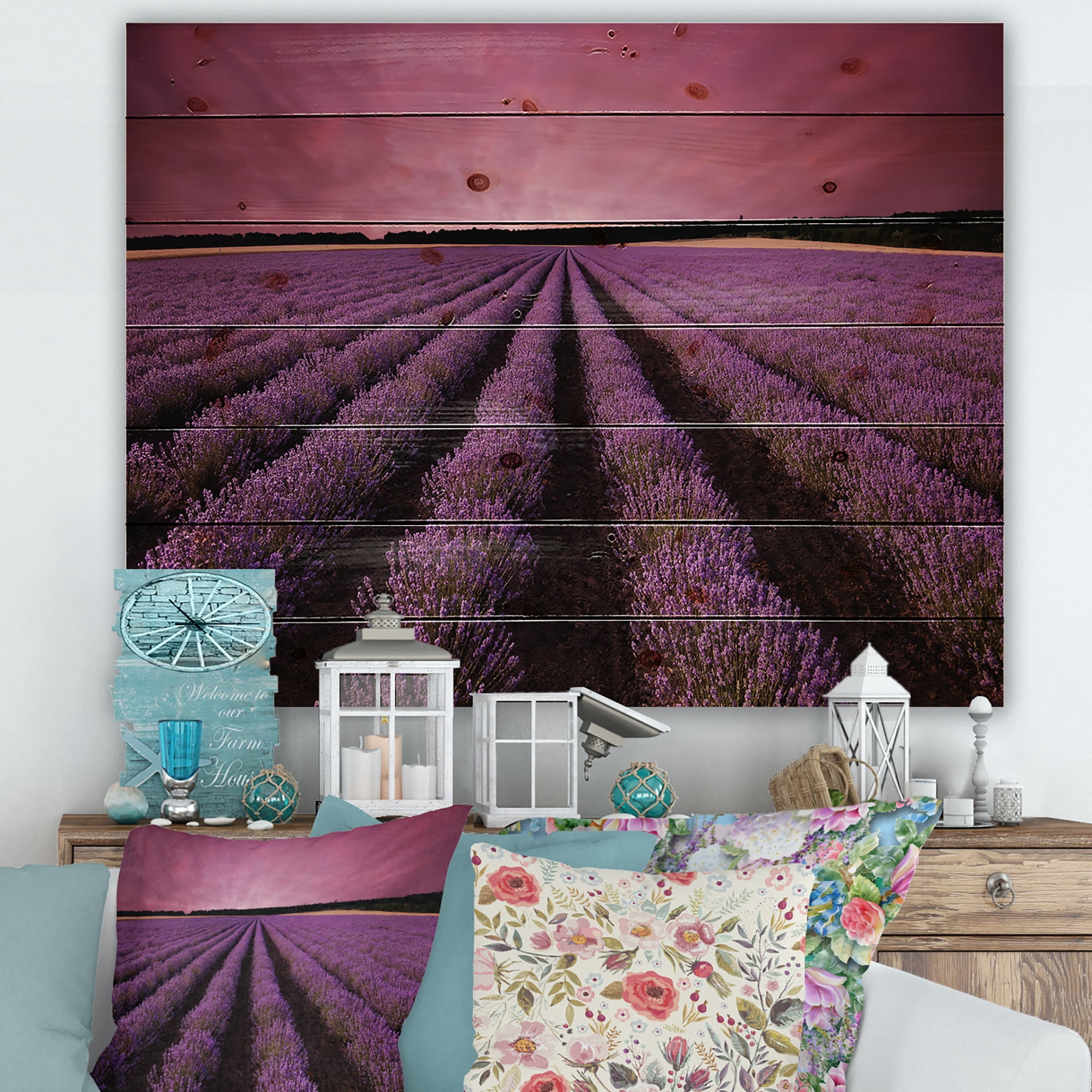 Designart 'Dramatic Clouds and Sunrise Over Lavender Field XI' Farmhouse Print on Natural Pine Wood