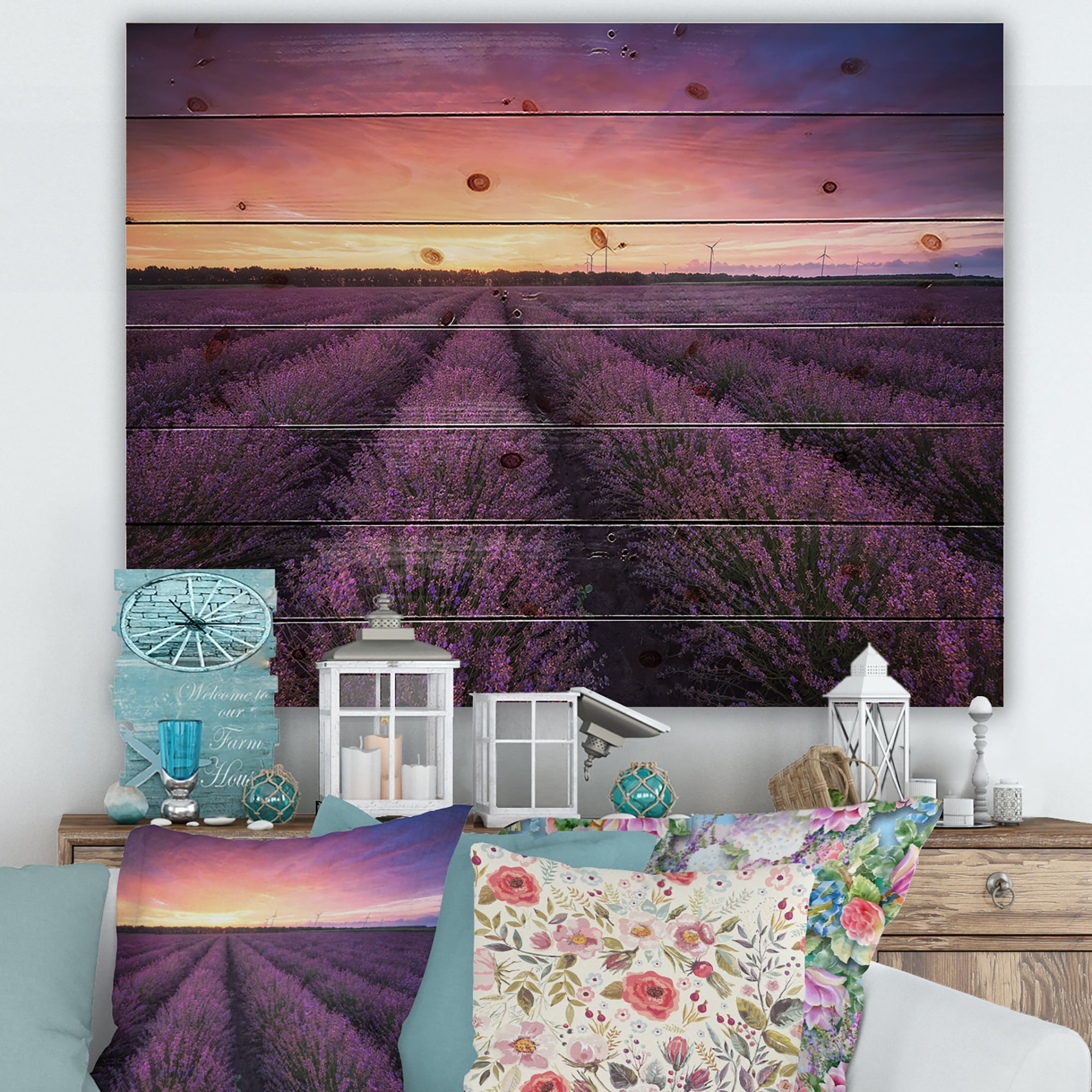 Designart 'Dramatic Clouds and Sunrise Over Lavender Field XIII' Farmhouse Print on Natural Pine Wood