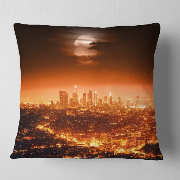 Designart Dramatic Full Moon over Los Angeles - Cityscape Throw Pillow - 16x16