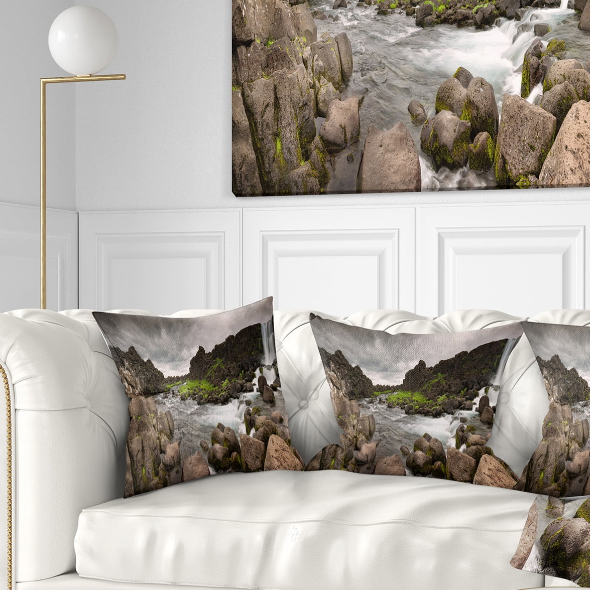 Designart Dramatic Oxarafoss Waterfalls - Abstract Throw Pillow - 16x16