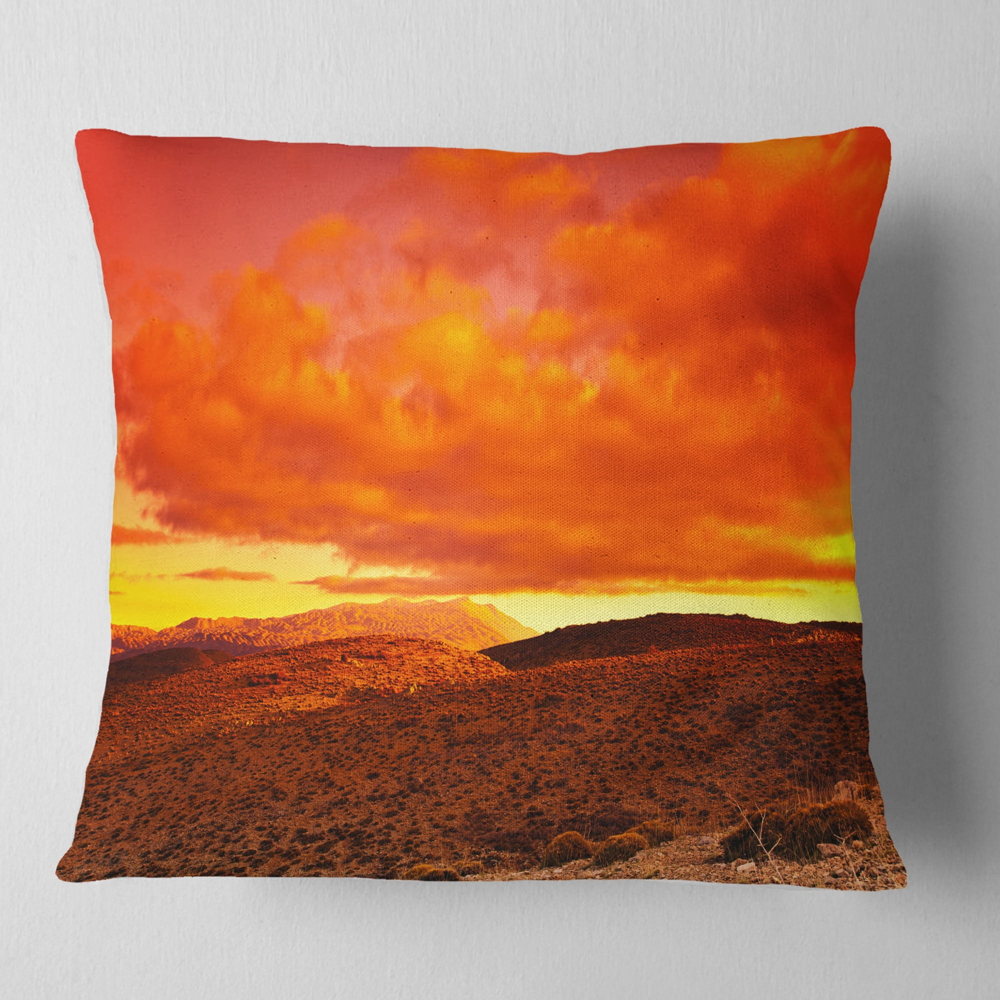 Designart Dramatic Red Sunset at Desert - Landscape Printed Throw Pillow - 18x18