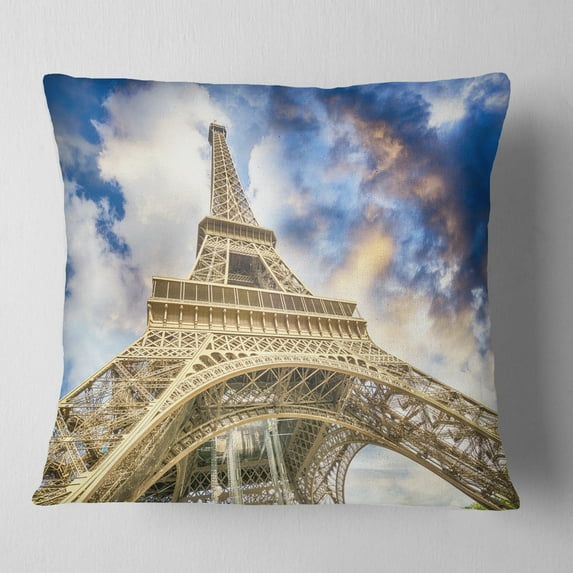 Designart Dramatic Sky over Ground View of Paris Paris Eiffel Tower - Cityscape Throw Pillow - 18x18
