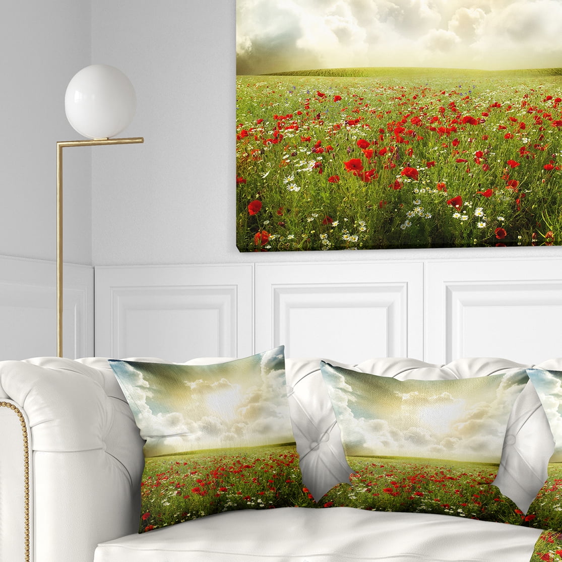 Designart Dramatic Sky over Poppy Field - Landscape Printed Throw Pillow - 18x18