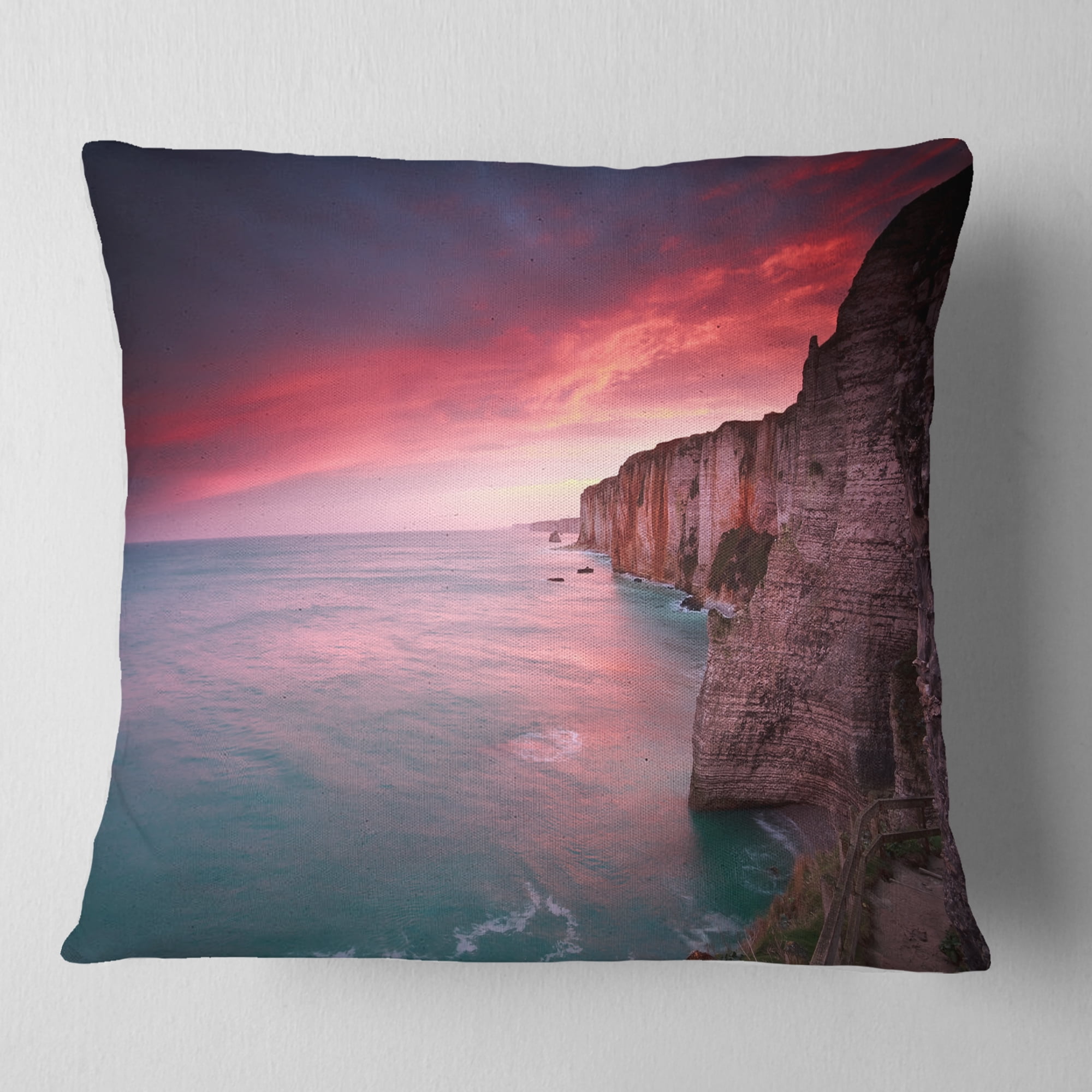 Designart Dramatic Sunrise over Sea and Cliffs - Beach Photo Throw Pillow - 18x18