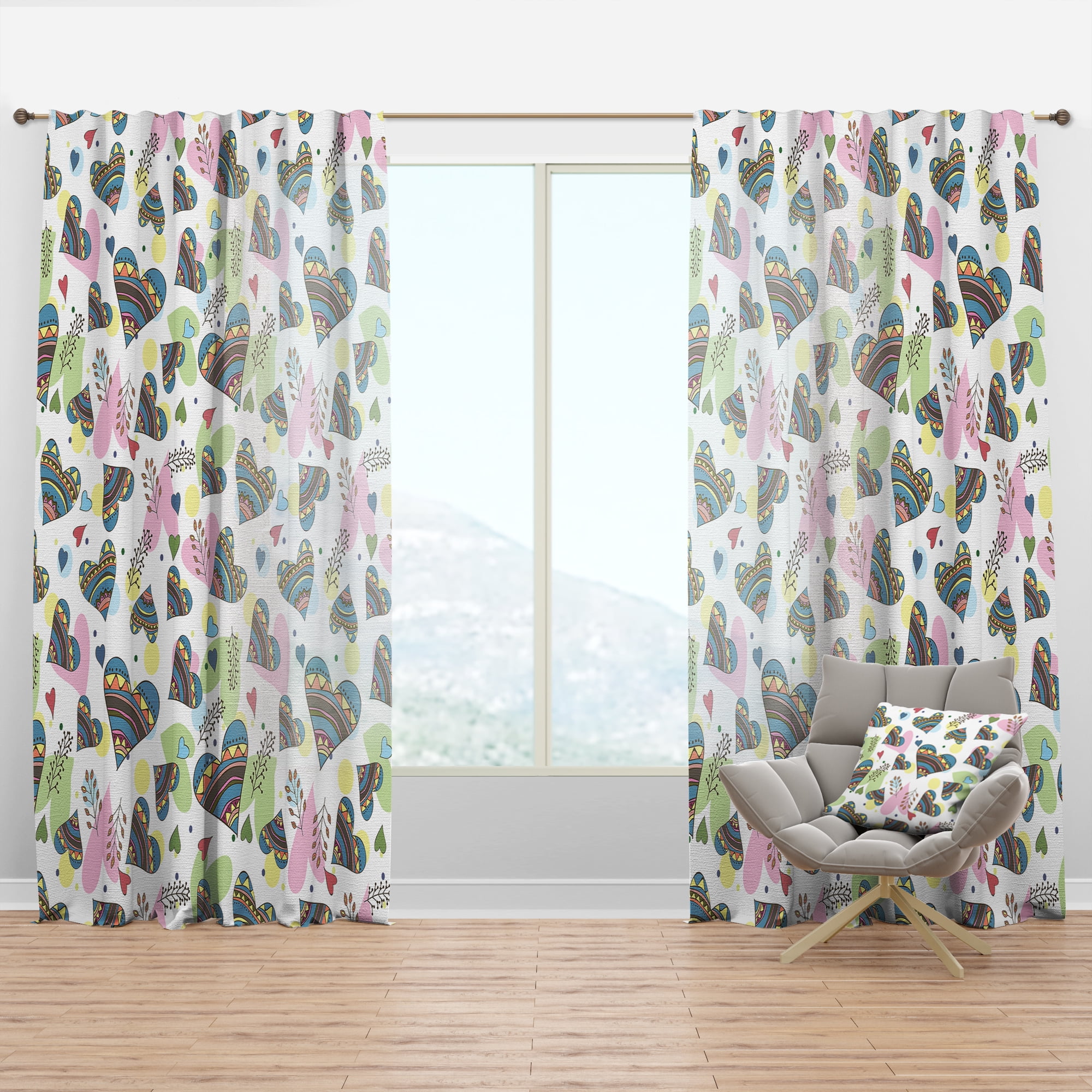 Designart 'Drawing Doodle Hearts Pattern' Modern & Contemporary Curtain Panel