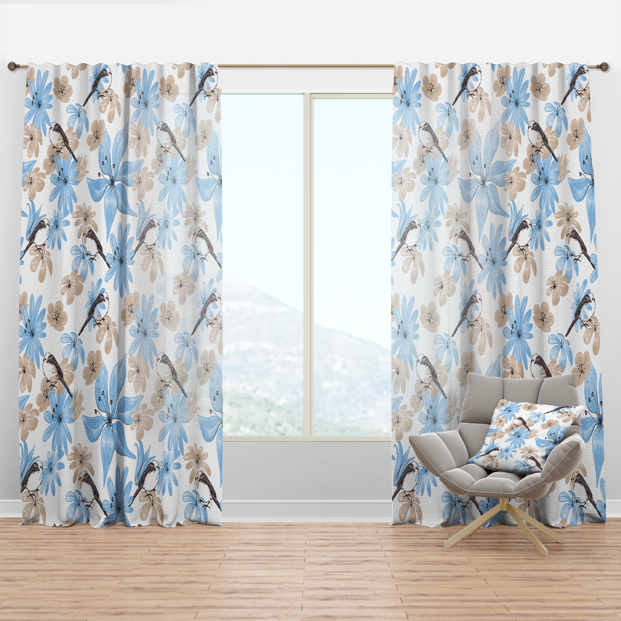 Designart 'Drawing Of Blue Flowers With Little Bird On White' Floral Curtain Panel