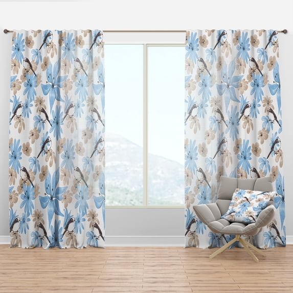 Designart 'Drawing Of Blue Flowers With Little Bird On White' Floral Curtain Panel