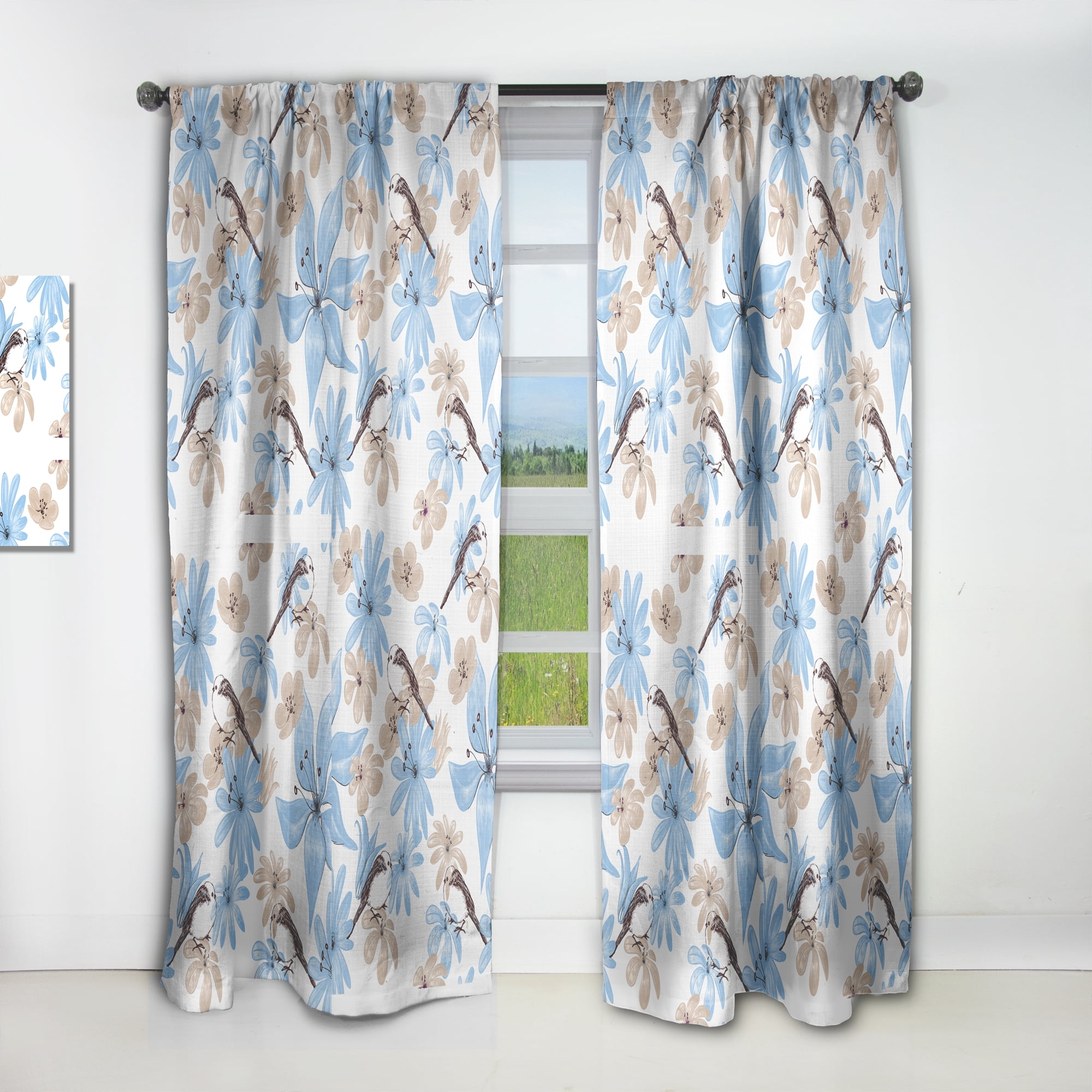 Designart 'Drawing Of Blue Flowers With Little Bird On White' Floral Curtain Panel