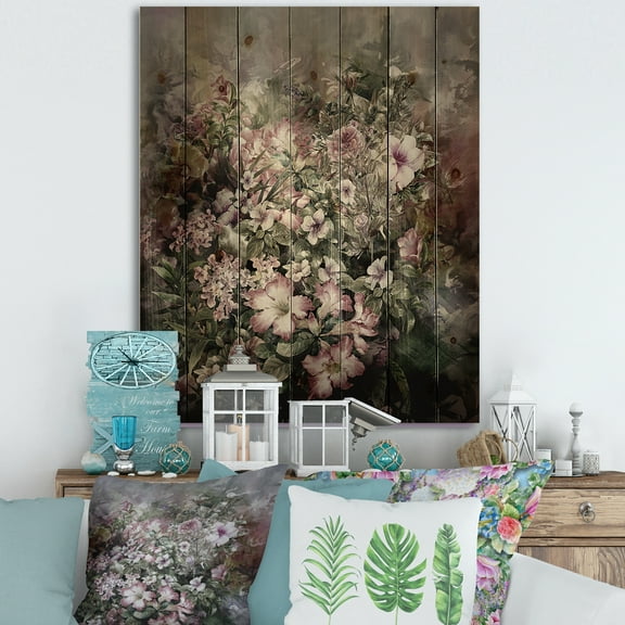 Designart 'Drawing of Flowers Retro IV' Vintage Print on Natural Pine Wood