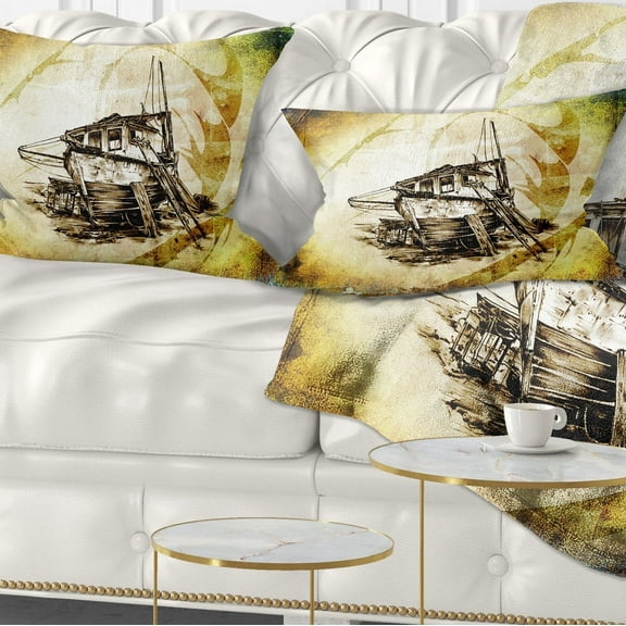 Designart Drawing of Large Ancient Boat - Seashore Wall Throw Pillow - 12x20