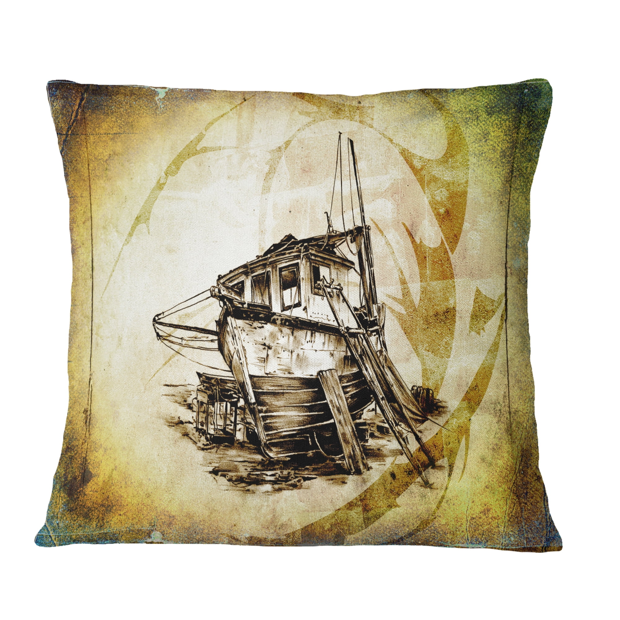 Designart Drawing of Large Ancient Boat - Seashore Wall Throw Pillow - 18x18