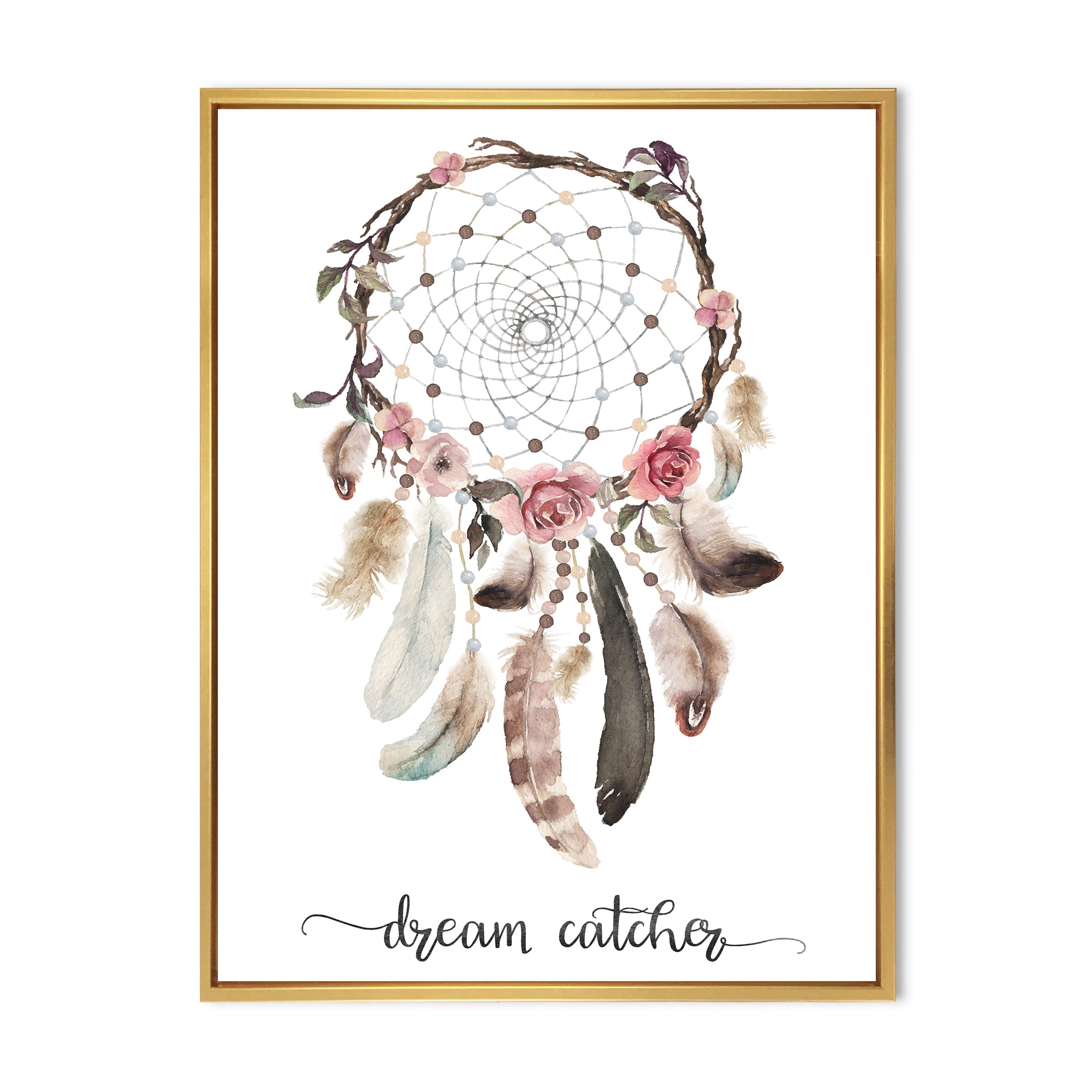 Designart 'Dream Catcher Made With Ethnic Feathers' Bohemian & Eclectic Framed Canvas Wall Art Print