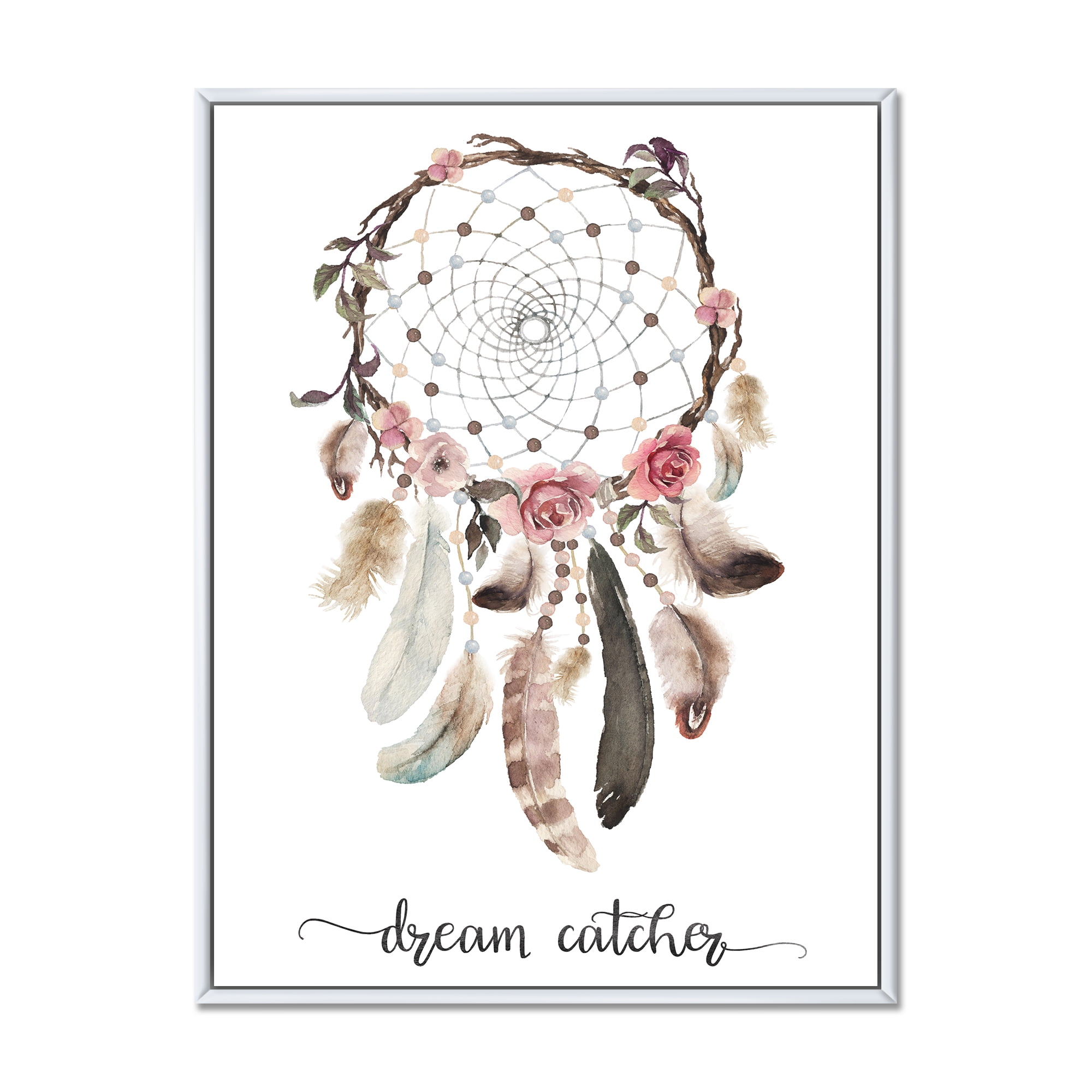 Designart 'Dream Catcher Made With Ethnic Feathers' Bohemian & Eclectic Framed Canvas Wall Art Print