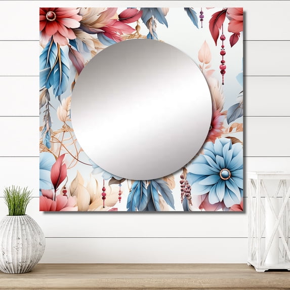 Designart "Dream Weavern Hues II" Floral Square Mirror For Wall Decor - Large Pink Square Printed Wall Mirror Art - Square Cottage Mirror - Wall Mounted Square Large Mirror