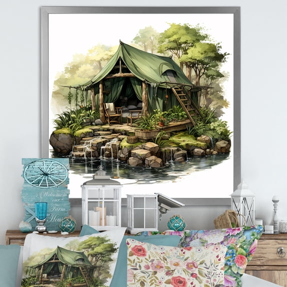 Designart "Dream of Riverside Cottage Camping" People Framed Wall Art Decor - Farmhouse Green Nursery Entryway Framed Wall Art