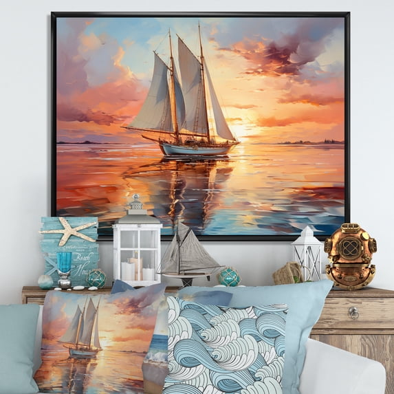 Designart "Dreaming Along the Coastal Sailboat I" Sailing Boat Floater Framed Wall Decor