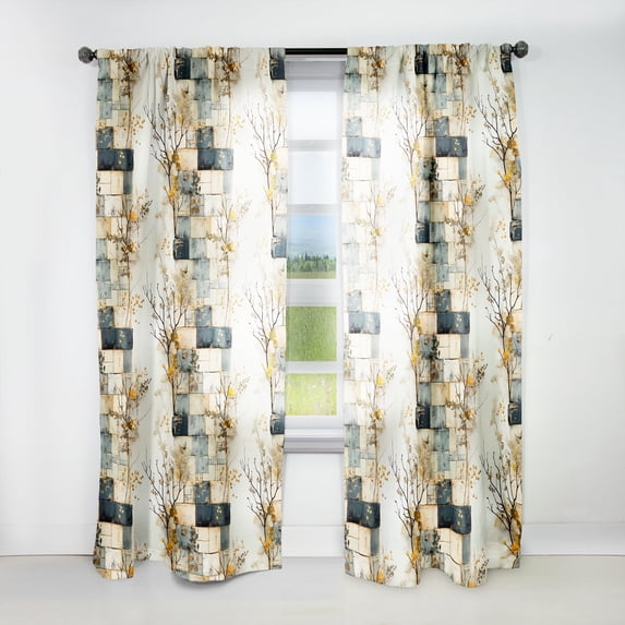 Designart "Dreaming Amidst Cubic Gray Botanicals" Patchwork Room Darkening Curtain Single Panel