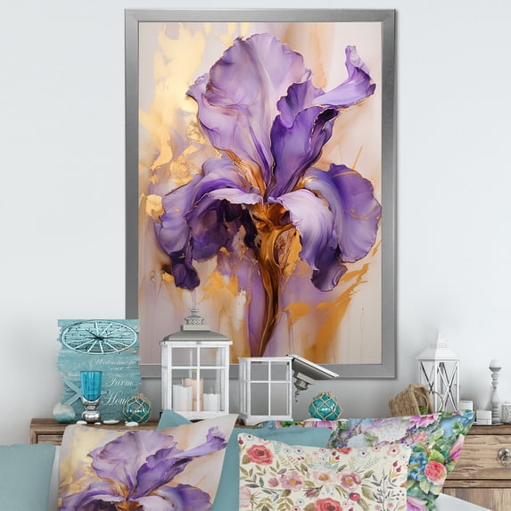 Designart "Dreaming In Golden Iris Purple" Irises Picture Framed Wall Art Living Room