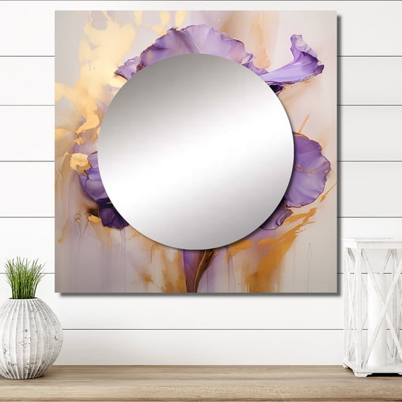 Designart "Dreaming In Golden Iris Purple" Irises Square Mirror For Wall Decor - Large Purple Square Printed Wall Mirror Art - Square Traditional Mirror - Wall Mounted Square Large Mirror