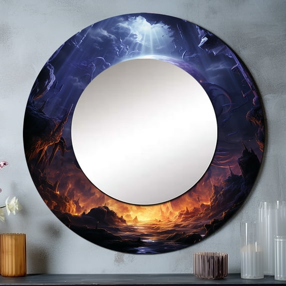 Designart "Dreaming Landscape of Orbital Overture I" Abstract Landscapes Purple Large Round Mirror - Round Office Mirror Wall Decor - Modern Round Printed Mirror - 29" x 29"