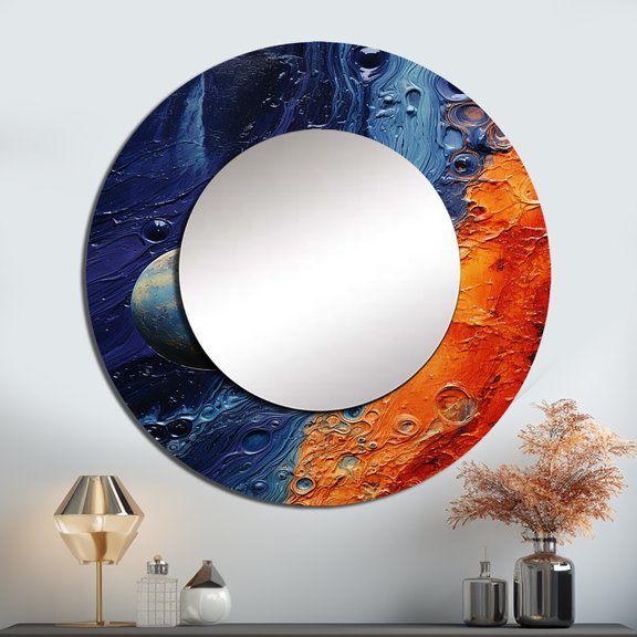 Designart "Dreaming of the Mysterious Solar System I" Our Solar System Blue Large Round Mirror - Round Bedroom Mirror Wall Decor - Global Round Printed Mirror - 23" x 23"