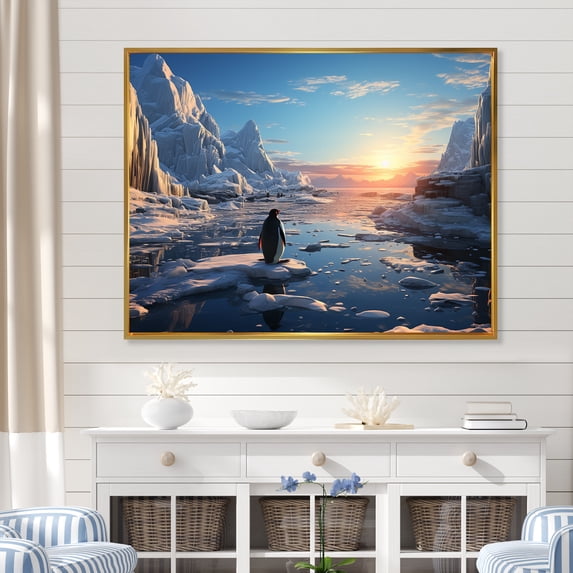 Designart "Dreaming Snow Penguin Pioneers" Penguin Floater Framed Wall Decor