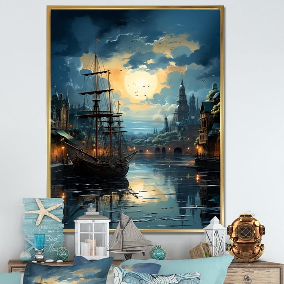Designart "Dreaming of Nautical Adventures at the Port II" Nautical & Beach Floater Framed Wall Art Print