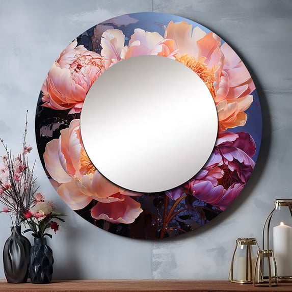Designart "Dreaming of Peach Peonies" Floral Round Mirror Wall Decor Traditional - Large Peach Round Bathroom Mirror - Round Mirror - 23" x 23"