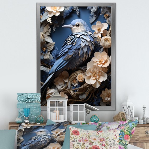 Designart "Dreamlike Avian Floral Home" Animals Bird Picture Framed Wall Art Prints