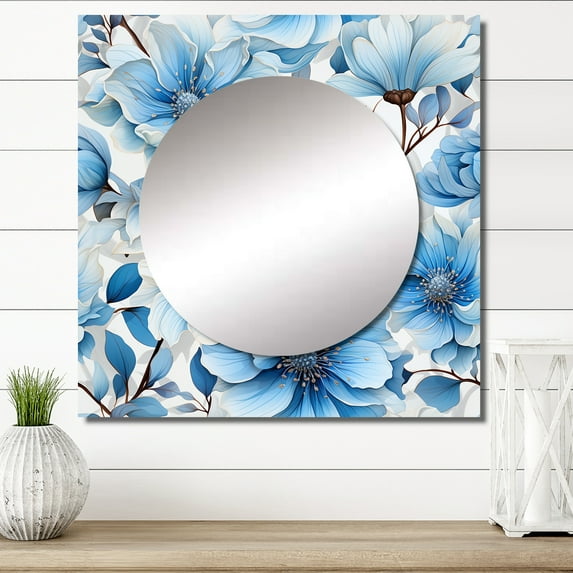 Designart "Dreamlike Blue White Floral Fantasy II" Floral Square Mirror For Wall Decor - Large Blue Square Printed Wall Mirror Art - Square Cottage Mirror - Wall Mounted Square Large Mirror