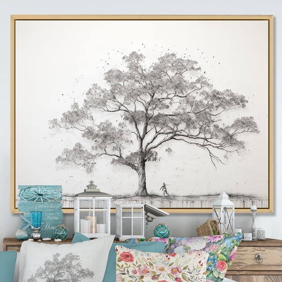Designart "Dreamlike White Pine Minimalism II" Tree Pine Floater Framed Wall Art Living Room