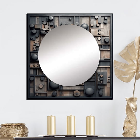 Designart "Dreams in Cubic Geometric II" Cubism Square Mirror Wall Decor Transitional - Large Grey Square Bathroom Mirror - Square Printed Wall Mirror Art
