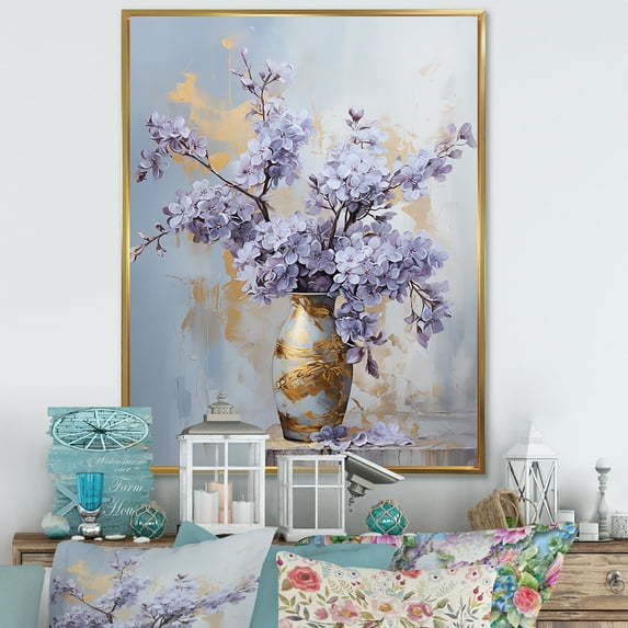 Designart "Dreams Of Lilac Bouquet Vase In Purple And Gold Pastels" Lilacs Floater Framed Canvas Wall Art