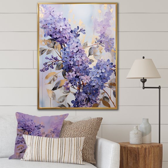 Designart "Dreams Of Pastel Lilacs In Purple And Gold II" Lilacs Floater Framed Wall Decor