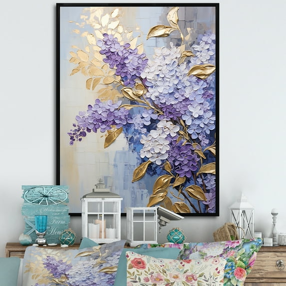 Designart "Dreams Of Pastel Lilacs In Purple And Gold III" Lilacs Floater Framed Canvas Art Print
