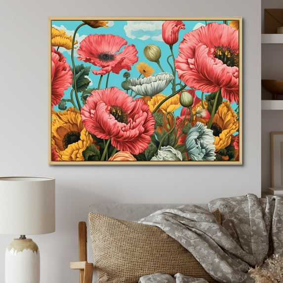 Designart "Dreams Of Vibrant Pink Poppy Fields" Poppy Floater Framed Wall Decor